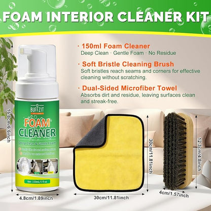Car Interior Foam Cleaner Kit, Multifunctional Auto Detailing Cleaner with Brush & Towel, Deep Clean Car Seats, Carpet, Upholstery & Dashboard, Safe for Leather, Fabric, Vinyl & Plastic, 5oz
