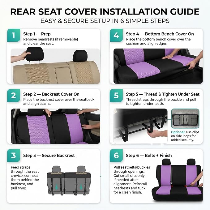 FH Group Automotive Rear Car Seat Covers for SUV, Trucks, Sedan and More - Universal Fit Rear Solid Bench Design Interior Accessories - 3D Mesh Fabric Center Panel - Purple
