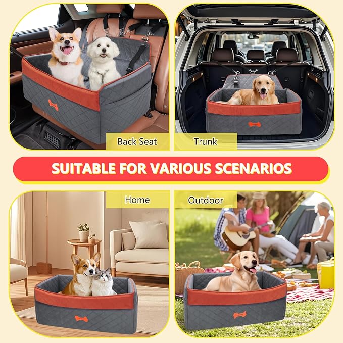 Dog Car Seat for Medium Large Dogs, Detachable Washable Pet Booster Seat with Memory Foam Cushion, Side Pockets, 2 Clip-On Safety Leashes Pet Car Seat for Dog Up to 60 lbs/2 Small Dogs-Grey