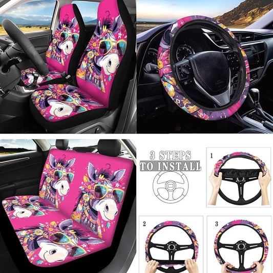 Hippy Floral Donkey Auto Interior Seat Cover 10 Pack, Boho Magenta Donkey Universal Fit Decor for Most Vehicles, Modern Animal Cartoon Bench Seat Cover Seatbelt Pads Keychain
