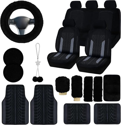 Car Seat Cover Full Set for Women with Floor Mats,3D Air Mesh Car Seat Cover with 5mm Composite Sponge Inside,Universal Fluffy Steering Wheel Cover, Accessories Full (Blake)