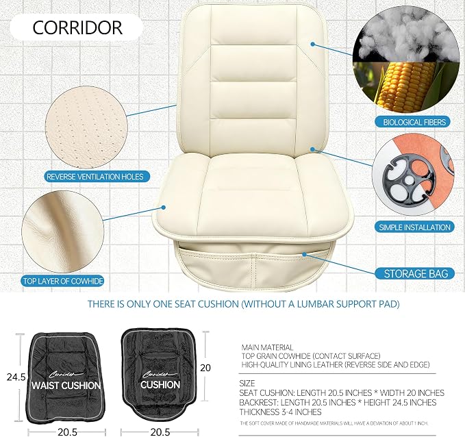 CORRIDOR Genuine Leather Seat Cushion for Car - Handmade - Relieve Hip, Pressure and Sciatica Pain - Ideal for Lower Back Pain - for Office Chair and Car Seat (Off White, Cushion)
