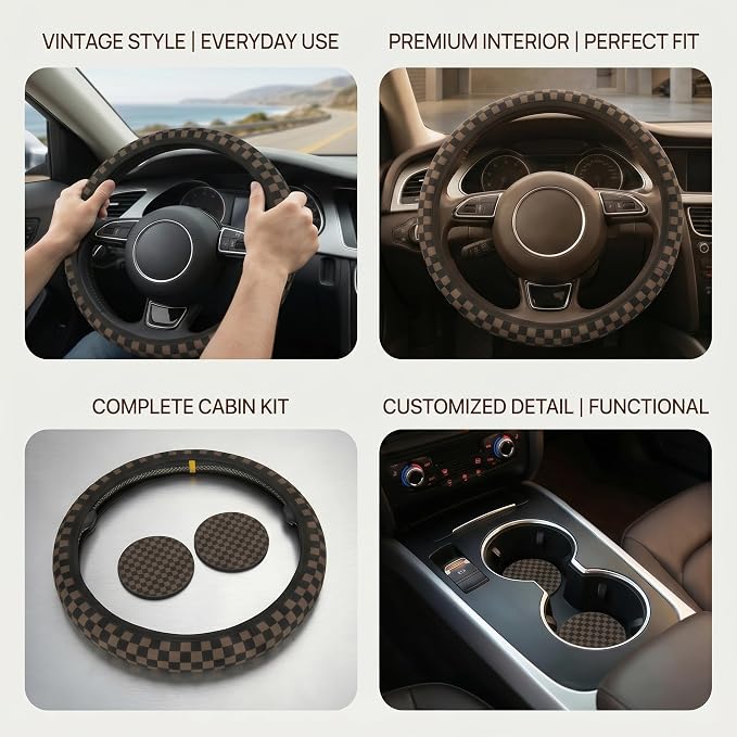 Checkered Black Brown Steering Wheel Cover 15 Inch Car + 2 pc Car Coasters | Black Brown Checkered Steering Wheel Cover Anti-Slip Breathable Universal for Suitable