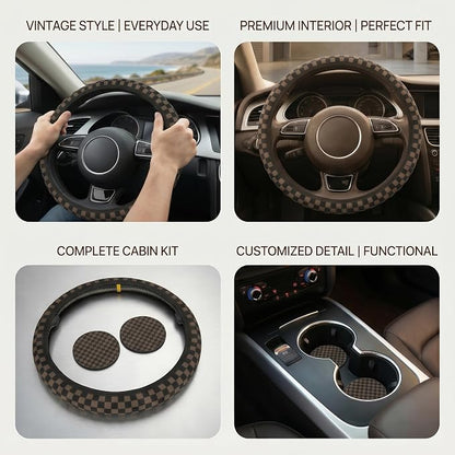 Checkered Black Brown Steering Wheel Cover 15 Inch Car + 2 pc Car Coasters | Black Brown Checkered Steering Wheel Cover Anti-Slip Breathable Universal for Suitable