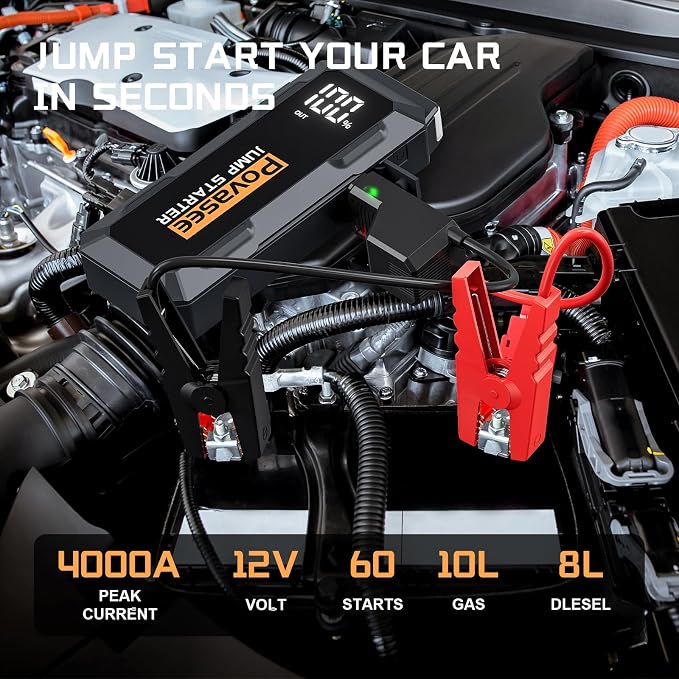 Povasee 4000A Jump Starter 12V Battery Jumper Starter(10L Gas 10L Diesel Engine),Car Battery Jump Starter with 3" LCD Display, Power Bank/Dual Output/LED Light