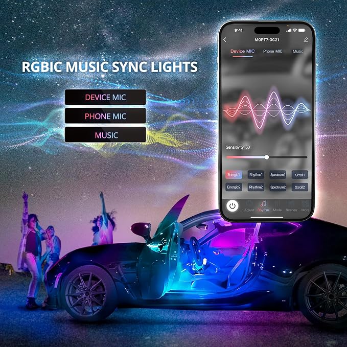 OPT7 Aura DreamColor RGB-IC LED Car Interior Light Strips, 4PC Neon Ambient Lighting Kit with APP & Remote, 12V Music Color Chasing Lights for SUV Truck Van, Under Dash Decor