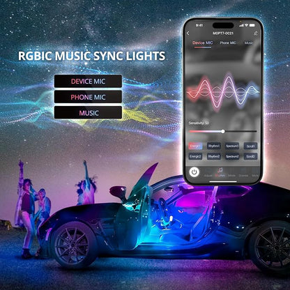 OPT7 Aura DreamColor RGB-IC LED Car Interior Light Strips, 4PC Neon Ambient Lighting Kit with APP & Remote, 12V Music Color Chasing Lights for SUV Truck Van, Under Dash Decor