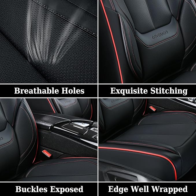 Coverado Universal Seat Covers Full Set, Universal Seat Covers for Cars, Waterproof Nappa Leather Car Seat Covers with Head Pillow, 5 Seats Auto Protectors Fit for Most Pick-up Truck, Black&Redline