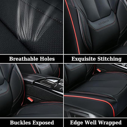Coverado Universal Seat Covers Front, 2-Pack Universal Seat Covers for Cars, Waterproof Nappa Leather Car Seat Covers with Head Pillow, Auto Protectors Fit for Most Sedans Pick-up Truck-Black&Redline