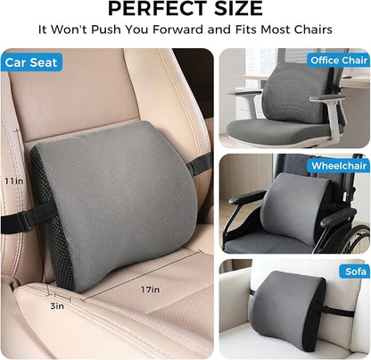 Lumbar Support Pillow for Car & Office Chair - High-Density Memory Foam Back Cushion for Sciatica & Lower Back Pain Relief - Non-Slip Support for Long Commutes & Desk Workers (Dark Gray)