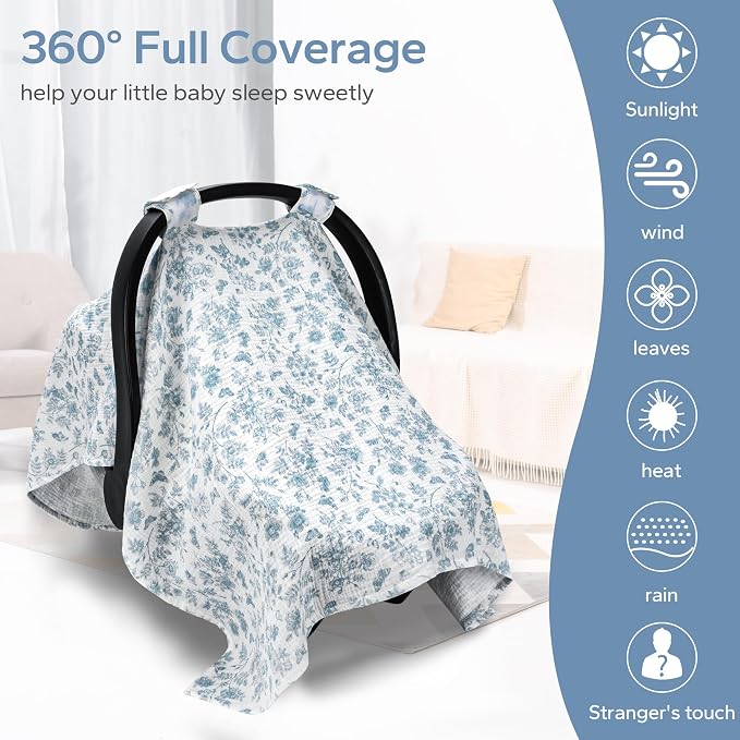 SERAPHY 100% Muslin Cotton Car Seat Covers for Babies - Universal, Breathable Canopies for Boys and Girls - Soft Summer Car Seat Cover - Blue Flowers