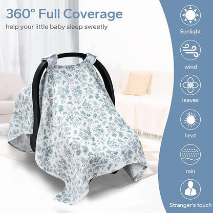 SERAPHY 100% Muslin Cotton Car Seat Covers for Babies - Universal, Breathable Canopies for Boys and Girls - Soft Summer Car Seat Cover - Blue Flowers
