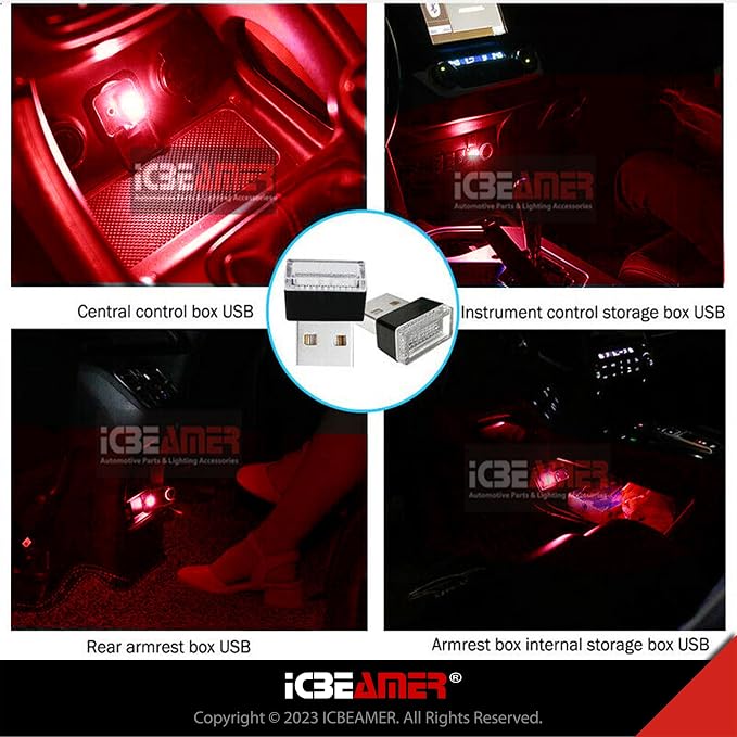 ICBEAMER Mini USB LED Light 1-Pack (Red) | Direct Plug-in Miniature/Nano Car Interior Ambient Accent Lighting Kit, Universal Fit for Auto Interior and Trunk