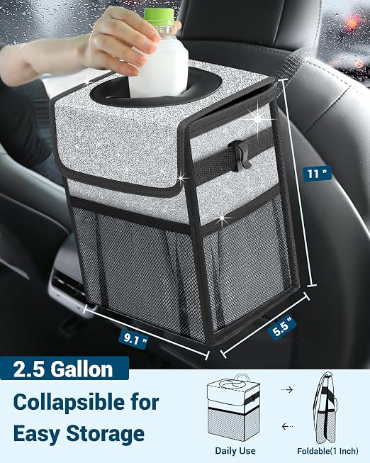 Capolo Car Trash Can with Lid, Leakproof Car Trash Bag Hanging Waterproof Automotive Garbage Can with Storage Pockets Mini Vehicle Trash Bin for Back/Front Seat(Silver Glitter,2.5 Gallon)