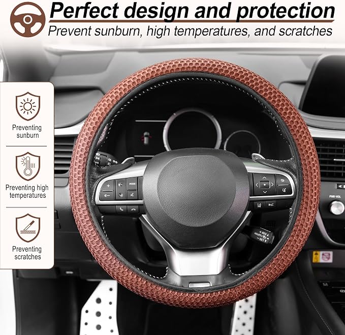 Alpmosn Elastic Stretch Steering Wheel Cover, Breathable Microfiber Ice Silk, Anti-Slip, Easy Carry, Universal Interior Accessories Steering Wheel Cover for Women & Men (Brown-Black)