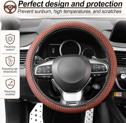Alpmosn Elastic Stretch Steering Wheel Cover, Breathable Microfiber Ice Silk, Anti-Slip, Easy Carry, Universal Interior Accessories Steering Wheel Cover for Women & Men (Brown-Black)