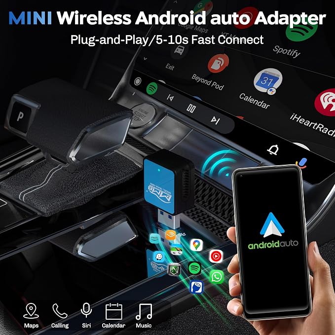 MMB Wireless Android Auto Adapter, 5.8GHZ WiFi, 5.3 Bluetooth, 3-5s Auto Connect, USB-C/USB-A/,Stable Control & No Delay, Compatible with Android 10+ Supports Car Original Control