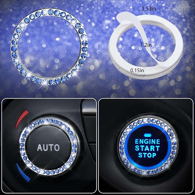 CAR PASS 11 PCS Bling Diamond Car Accessories for Women, Sparkly Rhinestone Steering Wheel Cover, Bling Seat Belt Cushion, Glitter Shift Knob Cover, Car Cup Holder Coaster, Cute Interior Sets Blue