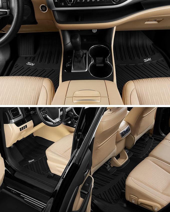 3W Floor Mats Fit 2014-2019 Toyota Highlander (Not for Hybrid), All Weather TPE Custom Fit Car Floor Liners 1st&2nd Row, Black