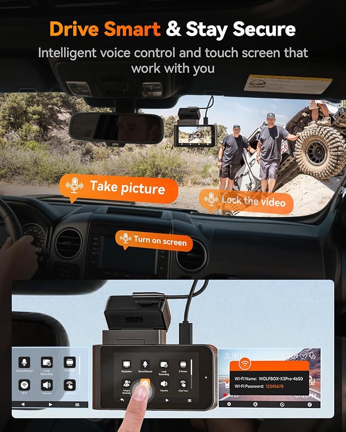 WOLFBOX X3 PRO Dash Cam Front and Rear, Dual STARVIS 2 IMX675, 1440P 60FPS+1440P ADAS Car Camera, EIS Image Stabilization with Ultra-Fast 5.8GHz WiFi, Voice Control & 3" Touch Screen, 64GB Card & GPS