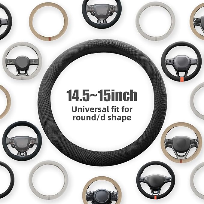 Universal Black Steering Wheel Cover, Microfiber Ice Silk Non-Slip Breathable Cooling Steering Wheel Protector with Upgraded Silicone Inner Ring Warm in Winter Cool in Summer