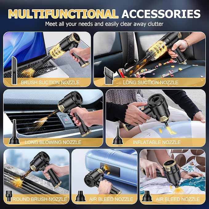 JONYJ Handheld Car Vacuum Cleaner Cordless, 16000PA Hand Held Vacuum Portable, 2 in 1 Air Duster and Mini Vacuum Cleaner Rechargeable with LED, Multi-Nozzles & Washable Filters for Home Office Car Pet