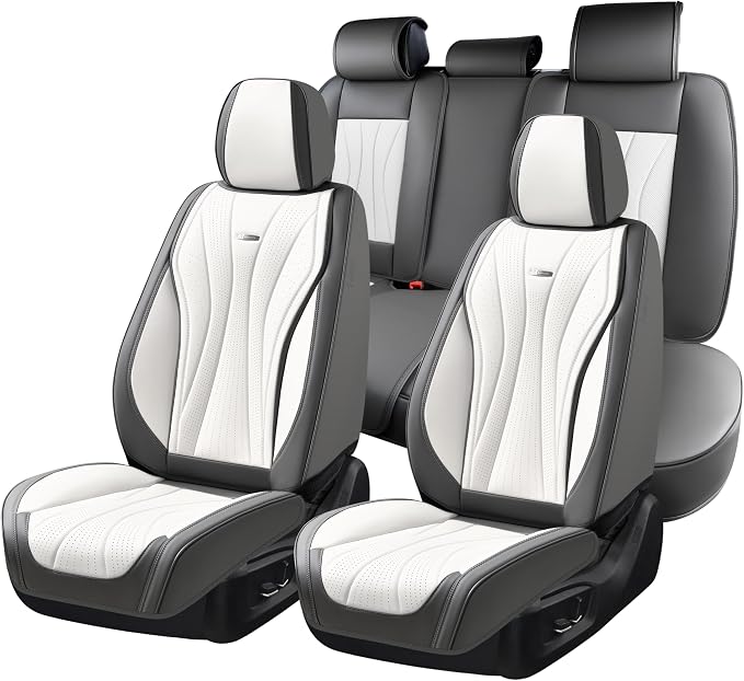 Coverado Seat Covers Full Set, Leather Car Seat Covers, Waterproof Seat Covers for Cars, Front and Back Seat Covers, Car Seat Protectors Car Seat Cushions Universal Fit for Most Cars, Gray&White