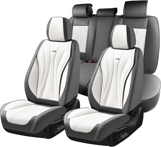 Coverado Seat Covers Full Set, Leather Car Seat Covers, Waterproof Seat Covers for Cars, Front and Back Seat Covers, Car Seat Protectors Car Seat Cushions Universal Fit for Most Cars, Gray&White