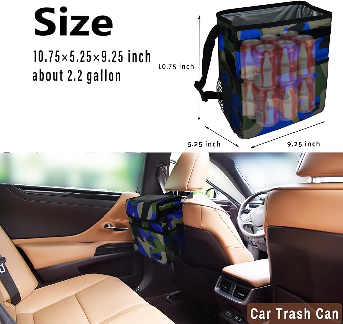 SIBOFUEGO Cute Car Trash Can with Lid – Multipurpose Collapsible Trash Bin for Car, Leak-Proof Organizer, Waterproof Garbage Can with Storage Pockets & Adjustable Straps, 2 Gallons (Camo Blue)