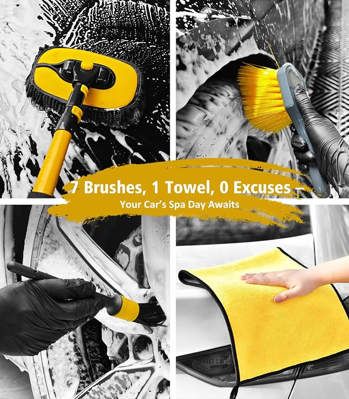 YeewayVeh Car Wash Kit, Extendable Car Wash Brush Mop with Long Handle, 5pcs Detailing Brush, 1pc Wheel Brush and Microfiber Towel Car Cleaning Kit Supplies Accessories, Ginger