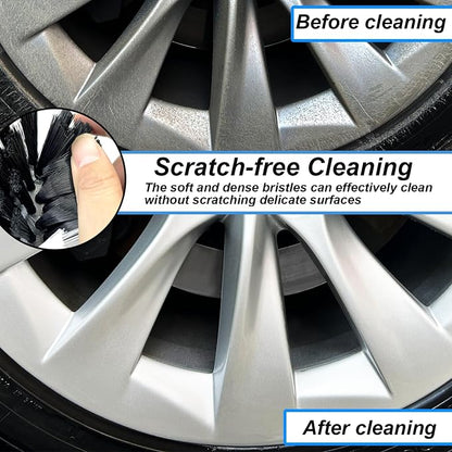 Wheel Brush Kit, Soft Drill Wheel Cleaner Brush, No Scratches Highly Dense Car Cleaning Brush Set for Wheels, Rims, Engines, Exhaust(White/Black,2Pcs)