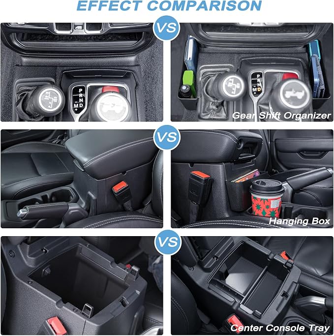 3PCS Center Console Organizer Tray Box Compatible with 2018-2025 Wrangler and 2020-2023 2024 2025 Gladiator Gear Shift Organizer Armrest Accessories Hanging Box（Not for JK/JKU）