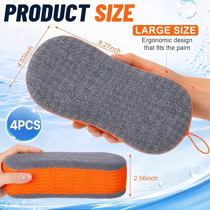 4 Pack Microfiber Car Wash Sponges, Dual-Sided Scrub Pad Multi-Purpose for Auto Detailing, Household Cleaning, Bathroom, Kitchen, Bike, Boat(Green & Orange)