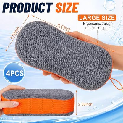 4 Pack Microfiber Car Wash Sponges, Dual-Sided Scrub Pad Multi-Purpose for Auto Detailing, Household Cleaning, Bathroom, Kitchen, Bike, Boat(Green & Orange)