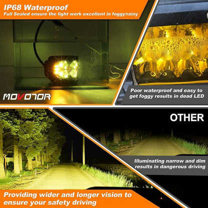 MOVOTOR Amber Side Shooter LED Pods Solid Strobe Lights for Truck ATV 4X4 | IP68 Waterproof,Combo Beam + Amber Side Shooter,Solid(DRL/Turn) & Strobe(Warning),Alum Housing,Fit Jeep/SUV/UTV