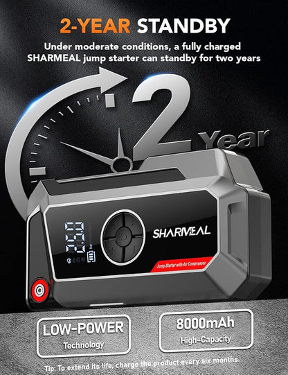 Sharmeal Jump Starter with Air Compressor, 7000A Car Battery Jump Starter (All Gas /12.0L Diesel), 200PSI Jump Starter Power Pack Portable 12V Jump Box with Jumper Cables, LED Light