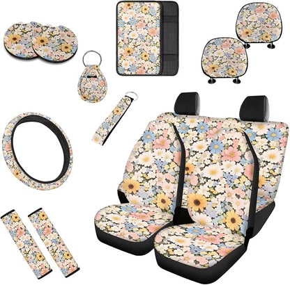 Daisy 13 Pcs Car Seat Covers Full Set, Colorful Flower Field Auto Front and Rear Bench Seat Protector, Countryside Steering Wheel Sleeve Auto Armrest Cover