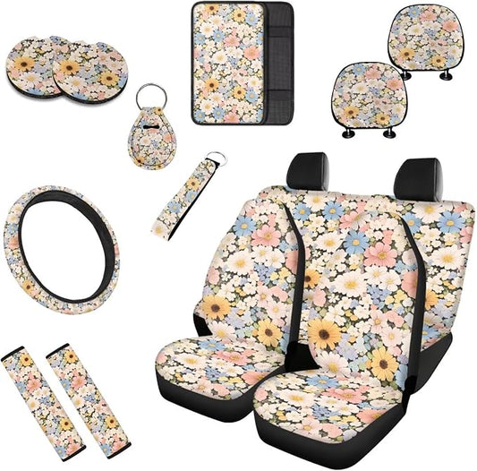 Daisy 13 Pcs Car Seat Covers Full Set, Colorful Flower Field Auto Front and Rear Bench Seat Protector, Countryside Steering Wheel Sleeve Auto Armrest Cover