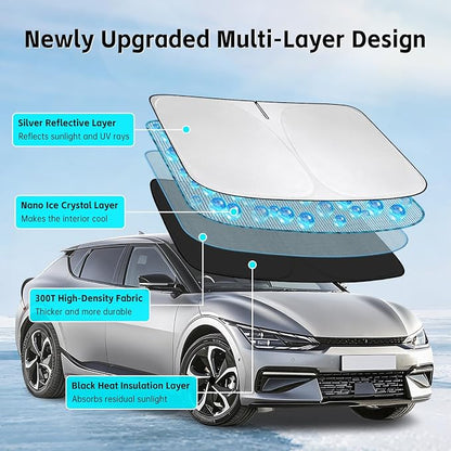 Windshield Sun Shade for Kia EV6 2022-2026 Sunshade 300T Windshield Cover Shield Protector Blocks UV Rays Custom Fit EV6 Front Window Shades Windshield Accessories Keep Cool Foldable