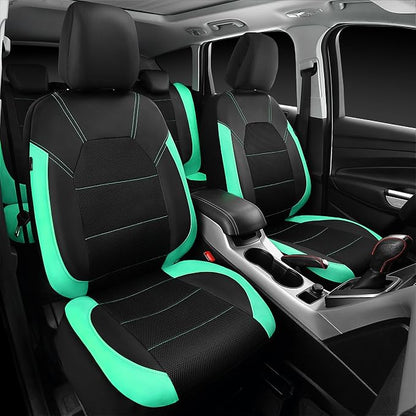 CAR PASS Leather Seat Covers, Breathable Universal Car Seat Cover Full Set for Cute Women Girly,Super 5mm Composite Sponge Inside,Airbag Compatible Fits Most Auto,SUVs,Trucks,Vans(Full Set,Black&Mint)