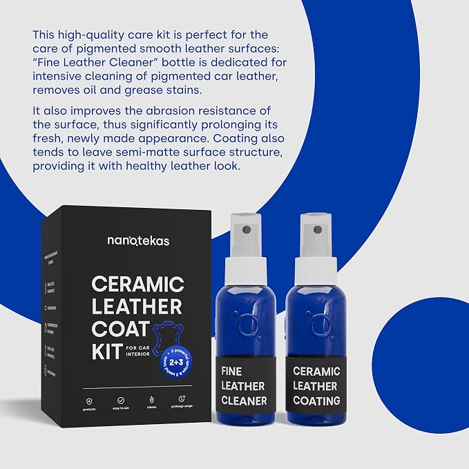 Leather Cleaner & Ceramic Coating Spray Kit: Long-Lasting Leather Protector for Tesla Vegan Leather, Car Seats, Furniture and Shoes – Universal Nano Ceramic Shield to Repel Dirt and Liquids