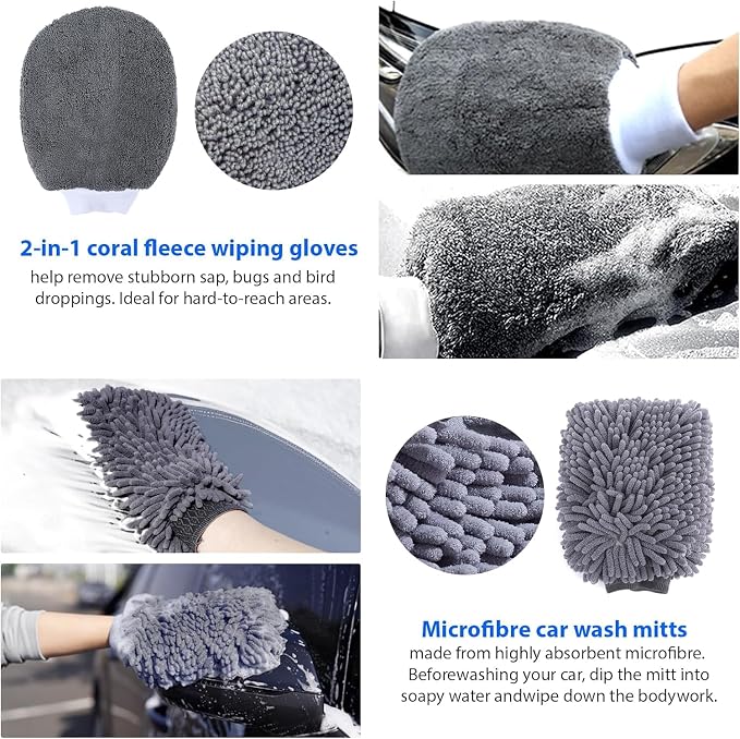 Car Washing Kit - Professional Car Wash Kit, Car Cleaning Kit with Bag & Car Detailing Set, Includes Car Wash Mitts, A Game-Changing Microfibre Drying Towel & Trio Of Brushes For A Deep Clean