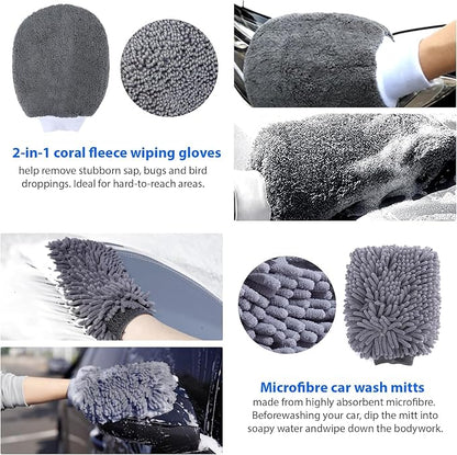 Car Washing Kit - Professional Car Wash Kit, Car Cleaning Kit with Bag & Car Detailing Set, Includes Car Wash Mitts, A Game-Changing Microfibre Drying Towel & Trio Of Brushes For A Deep Clean