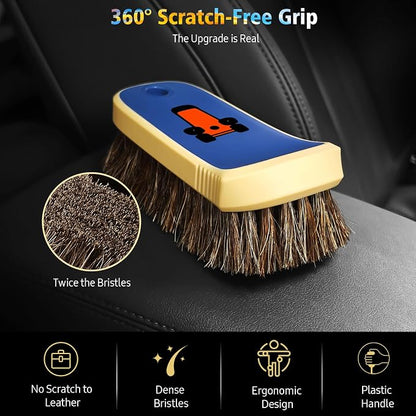 YeewayVeh Horse Hair Leather Cleaning Brush - Upgraded Long Bristle Car Leather Brush with 360° Soft Grip, for Car Interior Seats, Sofa, Upholstery & Furniture Care