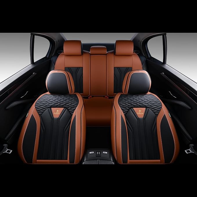 FLORICH Leather Seat Covers, Seat Covers Full Set, Car Seat Protectors 5 Seats,Automotive Seat Covers Fit for Most Cars Trucks-Brown&Black