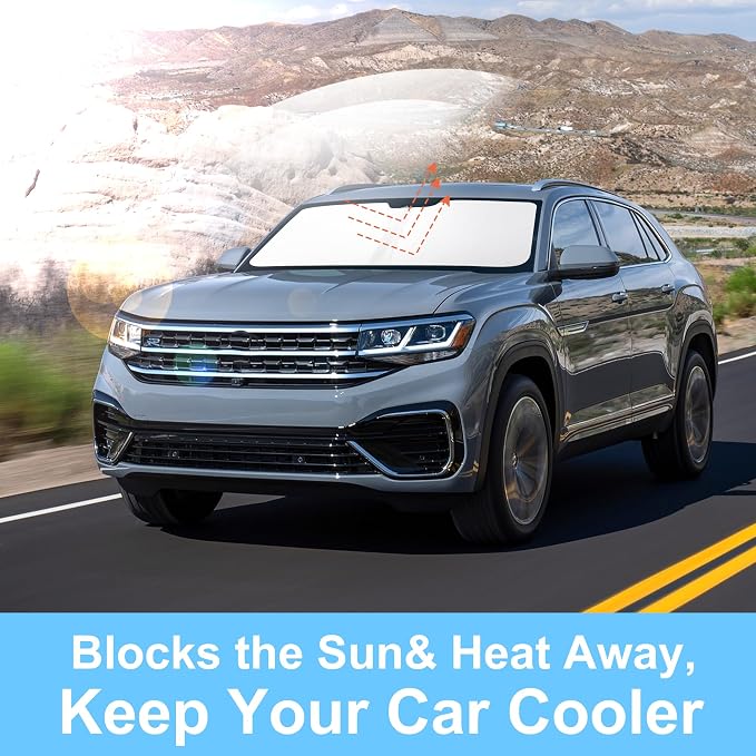 TINGLU Sun Shade for Volkswagen Atlas VW Atlas Cross Sport 2018-2025 2026 Accessories Windshield Sun Shade Window Shade UV Rays Protection Sun Visor Cover with Steering Wheel Sunshade Storage Bag