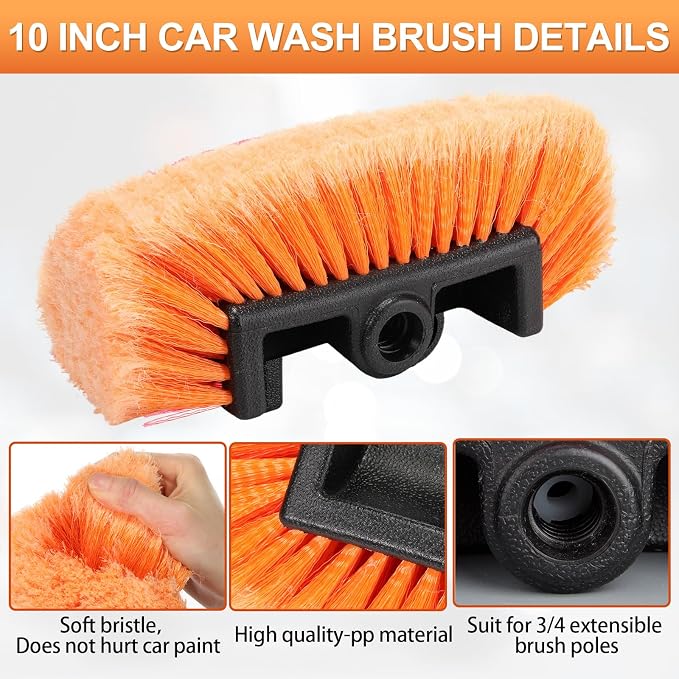 Tanlade 2 Pcs Car Wash Brush Head with Soft Detailing Bristle Flow Thru Car Cleaning Brush Exterior Wash Equipment for Auto Truck RV Boat Camper (10 Inch,Orange)