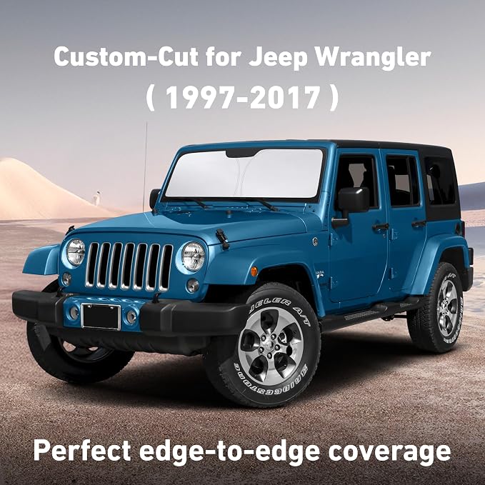 EcoNour Windshield Sunshade Compatible for Jeep Wrangler 1997-2015 2016 2017, Sun Visor for Front Windshield & Window Sun Shade Cover, UV Heat Blocker & Protector, Car Accessories