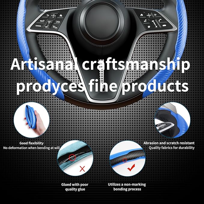 Carbon Fiber Steering Wheel Cover, 3-Piece Set Anti-Skid Comfortable Grip Segmented Butterfly Design, Easy Snap-On Installation Universal Fit 99% Cars, Blue