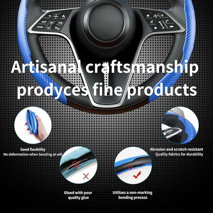 Carbon Fiber Steering Wheel Cover, 2-Piece Set Anti-Skid Comfortable Grip Segmented Butterfly Design, Easy Snap-On Installation Universal Fit 99% Cars, Blue